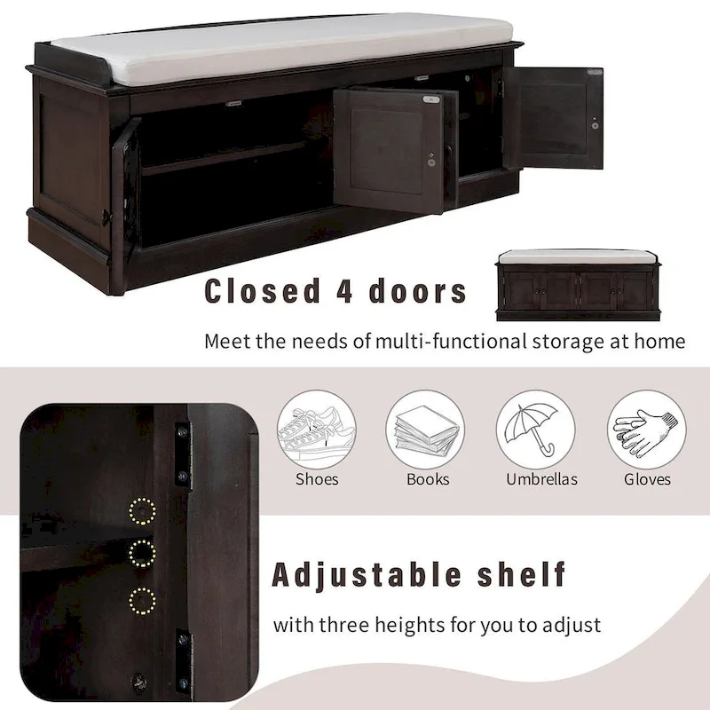 Banc de rangement capitonné avec 4 portes magnétiques et étagère réglable pour entrée
