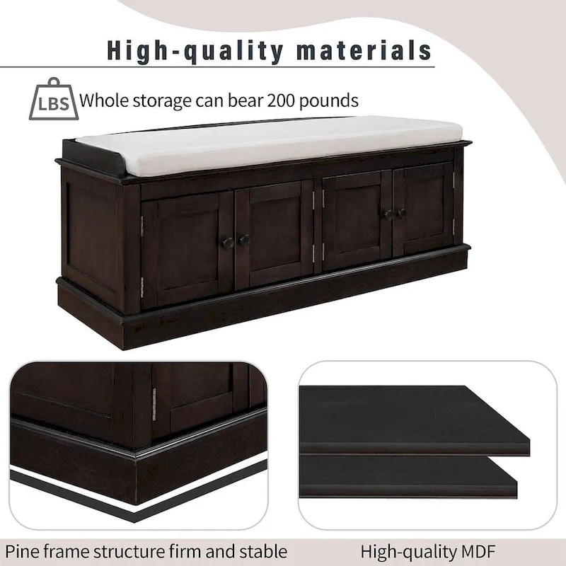 Banc de rangement capitonné avec 4 portes magnétiques et étagère réglable pour entrée