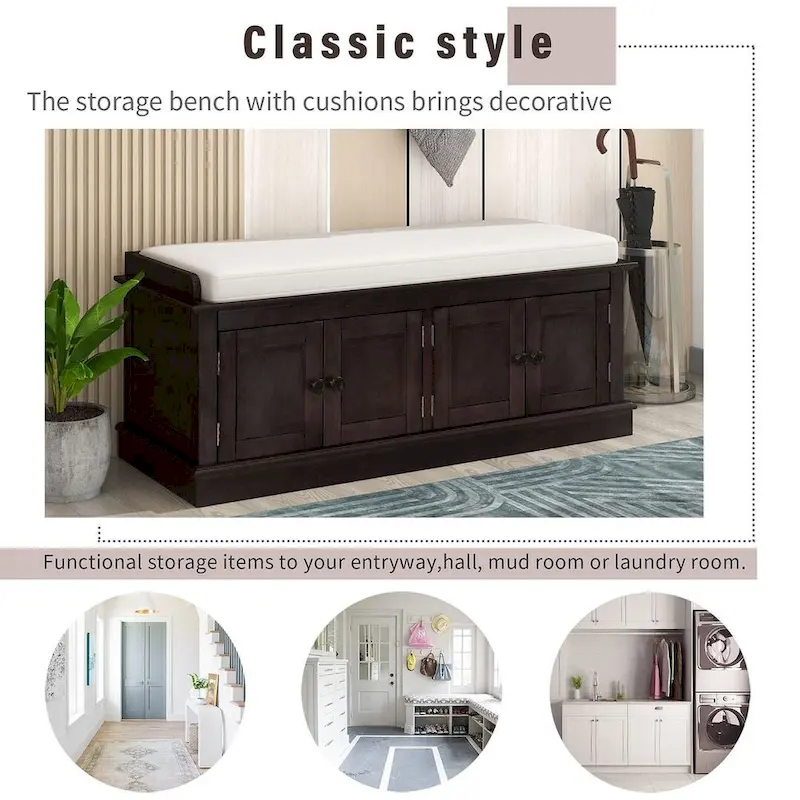Banc de rangement capitonné avec 4 portes magnétiques et étagère réglable pour entrée