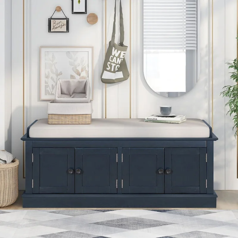Banc de rangement capitonné avec 4 portes magnétiques et étagère réglable pour entrée