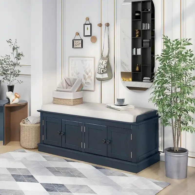 Banc de rangement capitonné avec 4 portes magnétiques et étagère réglable pour entrée