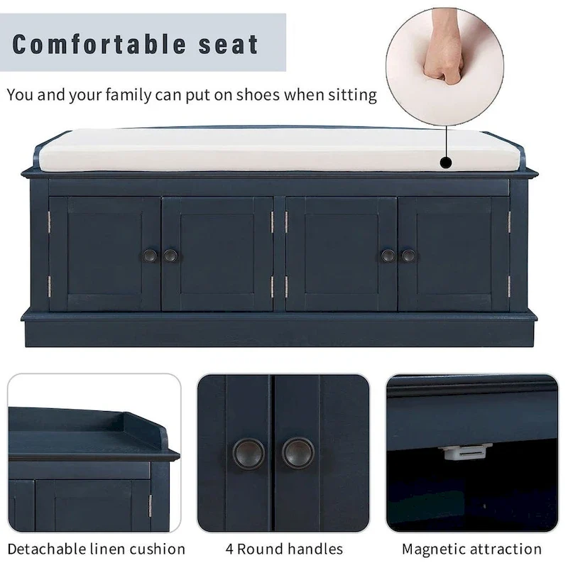 Banc de rangement capitonné avec 4 portes magnétiques et étagère réglable pour entrée