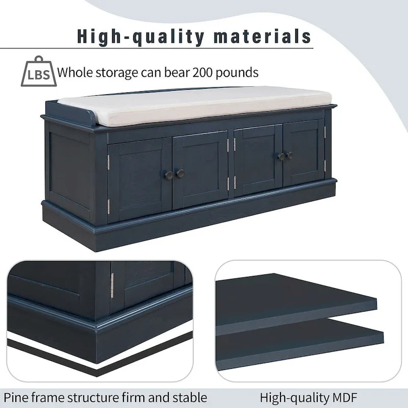 Banc de rangement capitonné avec 4 portes magnétiques et étagère réglable pour entrée