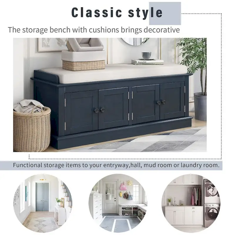 Banc de rangement capitonné avec 4 portes magnétiques et étagère réglable pour entrée