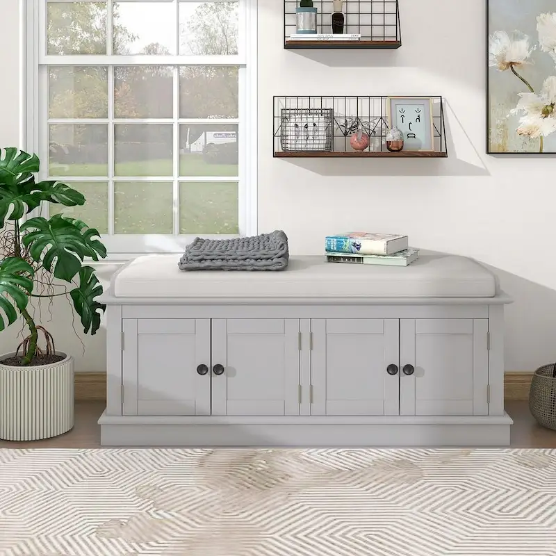 Banc de rangement capitonné avec 4 portes magnétiques et étagère réglable pour entrée