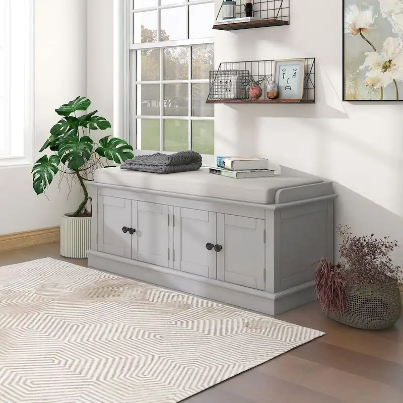 Banc de rangement capitonné avec 4 portes magnétiques et étagère réglable pour entrée