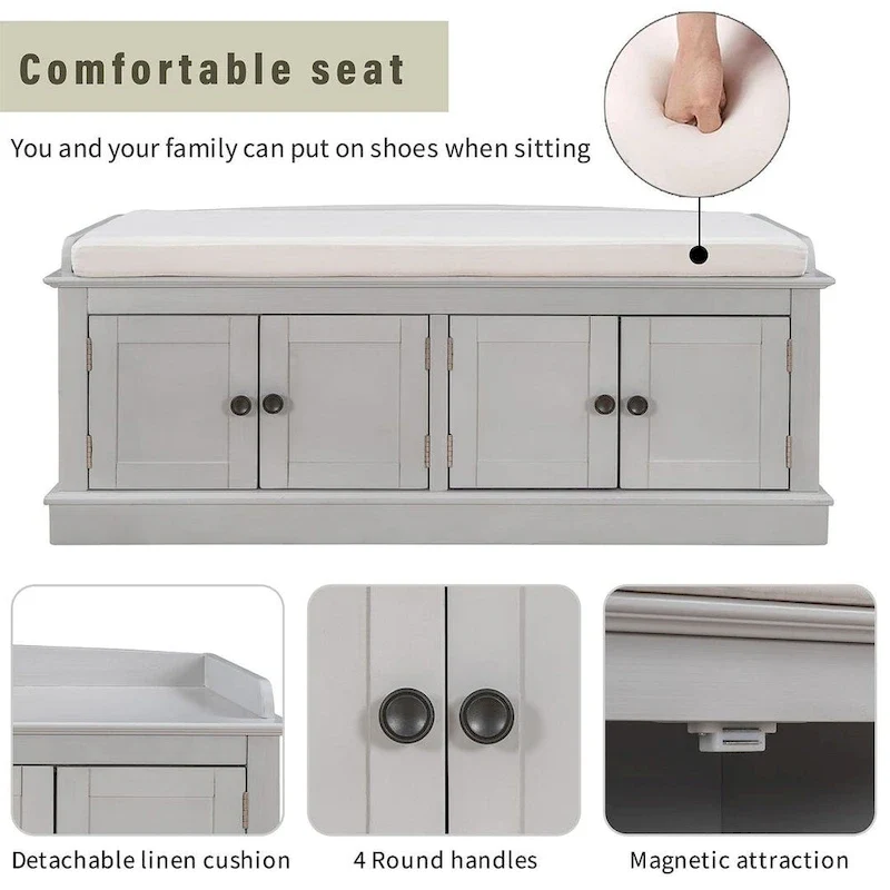 Banc de rangement capitonné avec 4 portes magnétiques et étagère réglable pour entrée