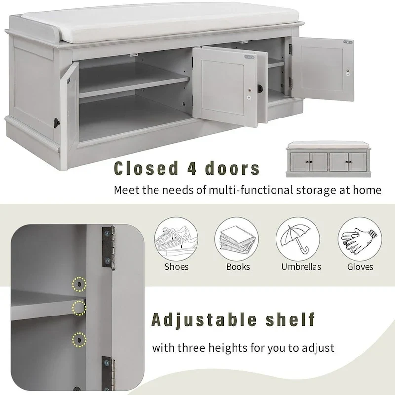 Banc de rangement capitonné avec 4 portes magnétiques et étagère réglable pour entrée