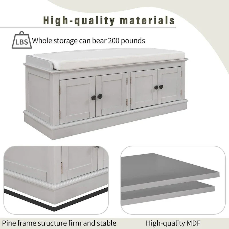 Banc de rangement capitonné avec 4 portes magnétiques et étagère réglable pour entrée