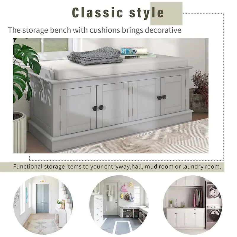 Banc de rangement capitonné avec 4 portes magnétiques et étagère réglable pour entrée
