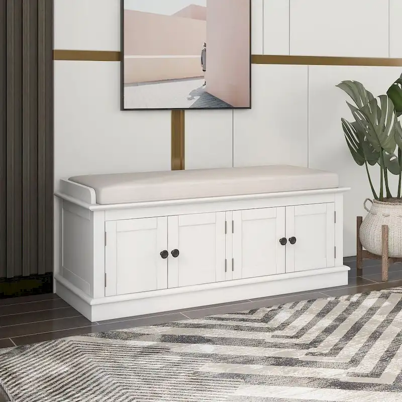 Banc de rangement capitonné avec 4 portes magnétiques et étagère réglable pour entrée