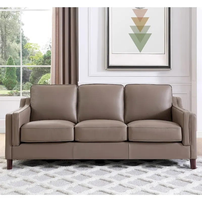 Canapé en cuir pleine fleur de 84 po avec ressorts ensachés et coussins en plumes, duvet et mousse viscoélastique