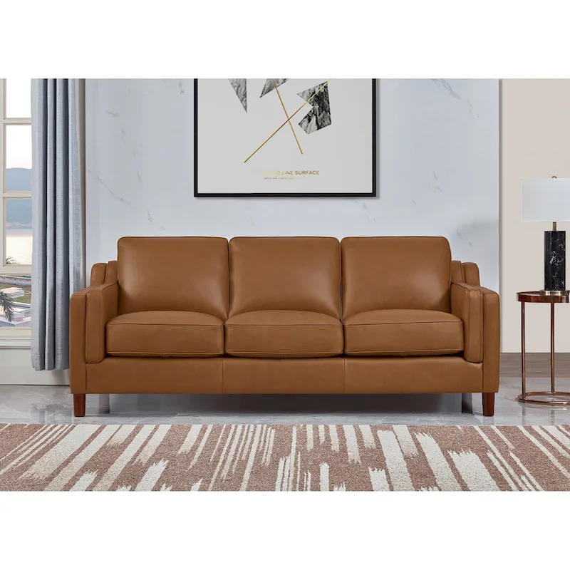 Canapé en cuir pleine fleur de 84 po avec ressorts ensachés et coussins en plumes, duvet et mousse viscoélastique