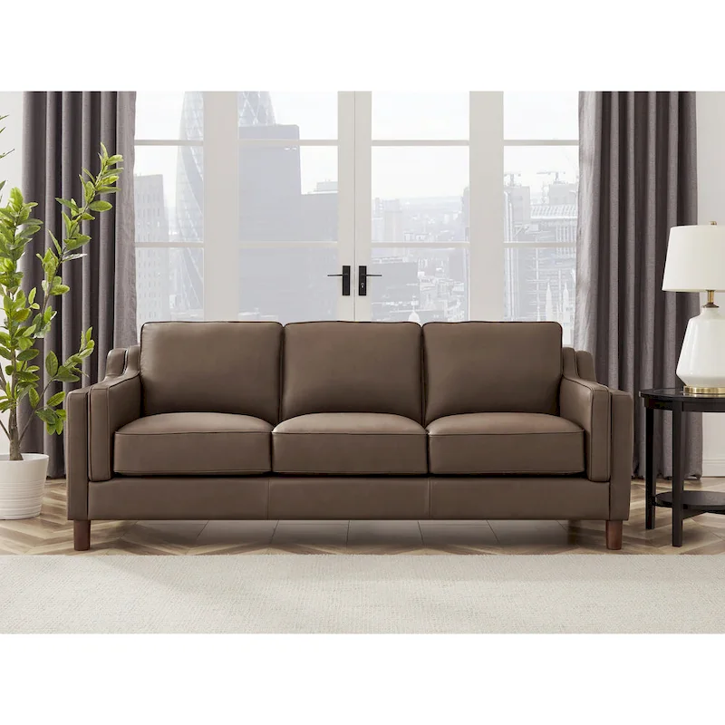 Canapé en cuir pleine fleur de 84 po avec ressorts ensachés et coussins en plumes, duvet et mousse viscoélastique