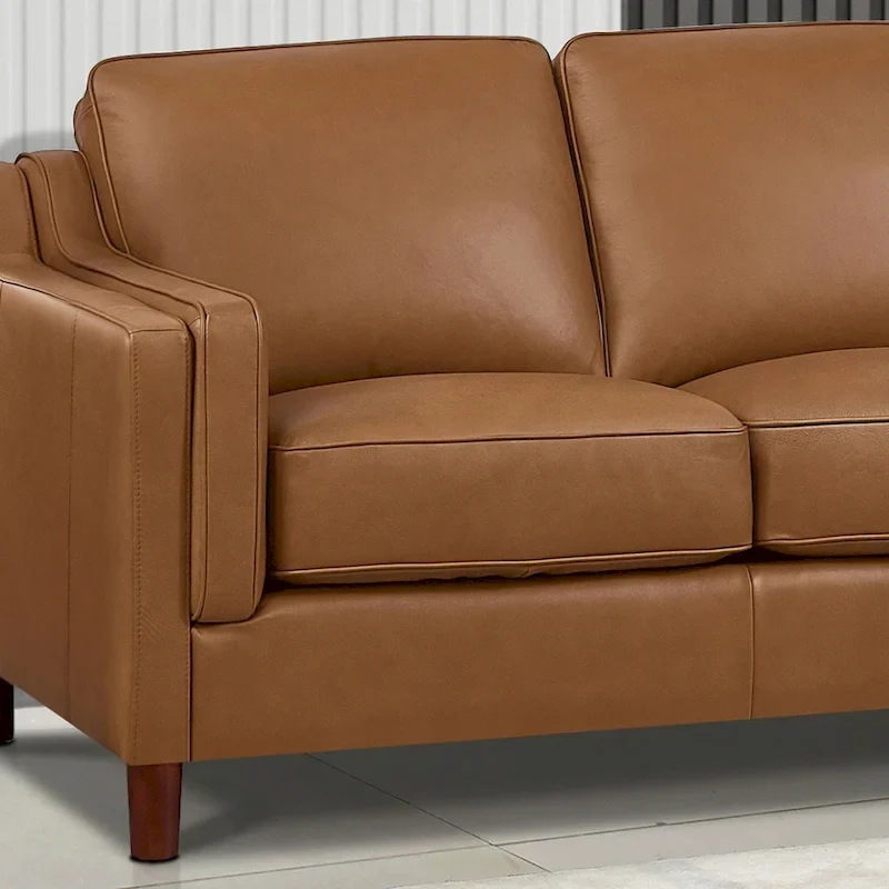 Canapé en cuir pleine fleur de 84 po avec ressorts ensachés et coussins en plumes, duvet et mousse viscoélastique