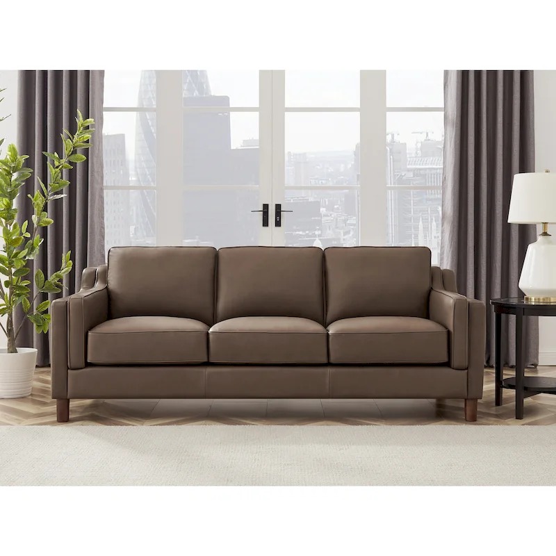 Canapé en cuir pleine fleur de 84 po avec ressorts ensachés et coussins en plumes, duvet et mousse viscoélastique