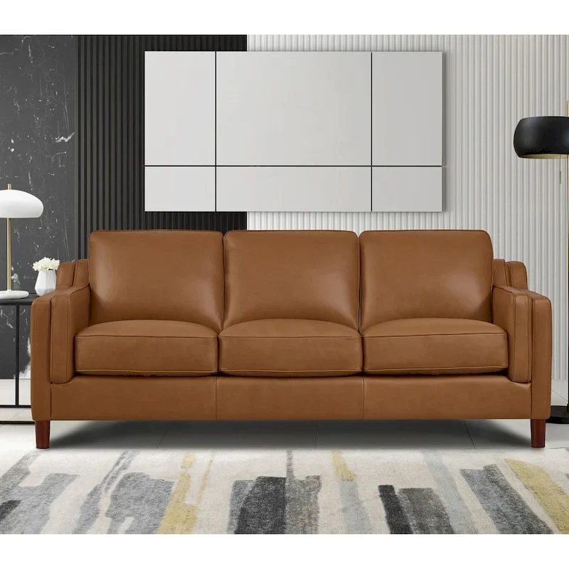 Canapé en cuir pleine fleur de 84 po avec ressorts ensachés et coussins en plumes, duvet et mousse viscoélastique
