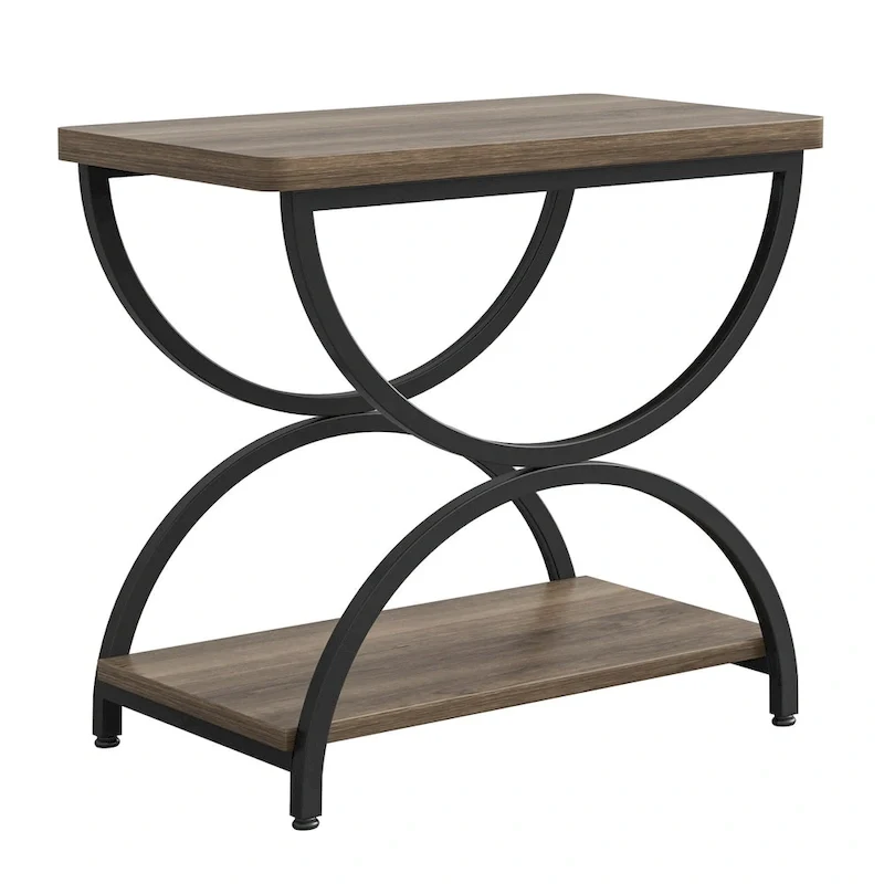 Table d'appoint rectangulaire à 2 niveaux avec cadre métallique semi-circulaire – Style industriel moderne