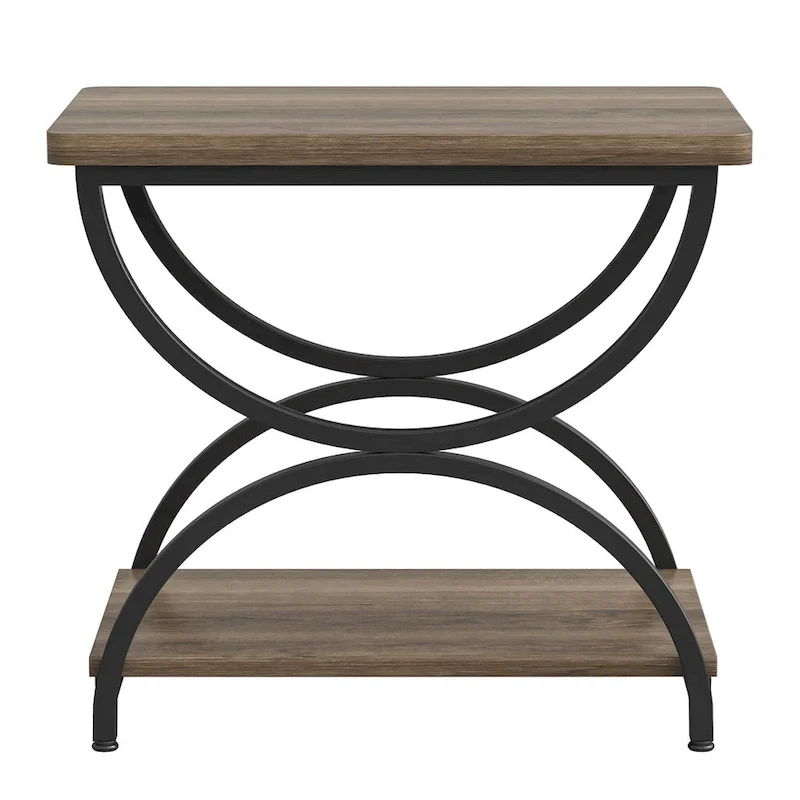 Table d'appoint rectangulaire à 2 niveaux avec cadre métallique semi-circulaire – Style industriel moderne