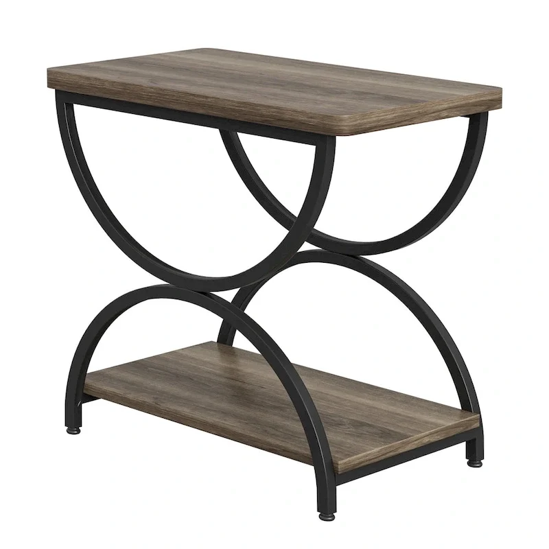 Table d'appoint rectangulaire à 2 niveaux avec cadre métallique semi-circulaire – Style industriel moderne