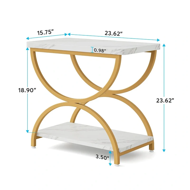 Table d'appoint rectangulaire à 2 niveaux avec cadre métallique semi-circulaire – Style industriel moderne