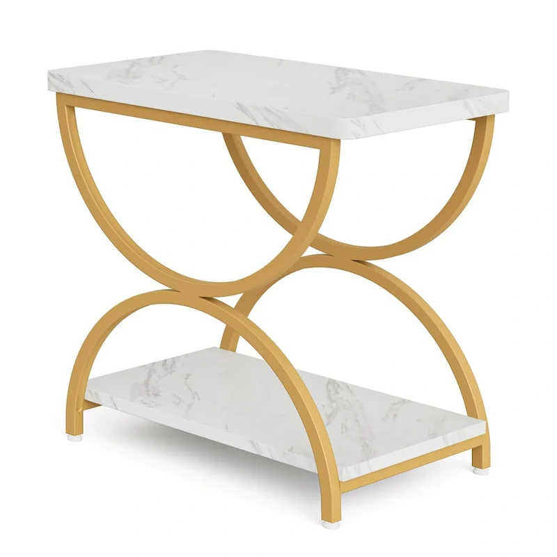 Table d'appoint rectangulaire à 2 niveaux avec cadre métallique semi-circulaire – Style industriel moderne