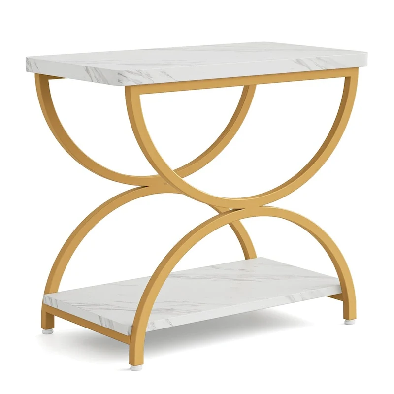 Table d'appoint rectangulaire à 2 niveaux avec cadre métallique semi-circulaire – Style industriel moderne
