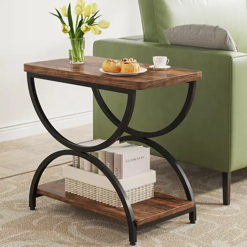 Table d'appoint rectangulaire à 2 niveaux avec cadre métallique semi-circulaire – Style industriel moderne