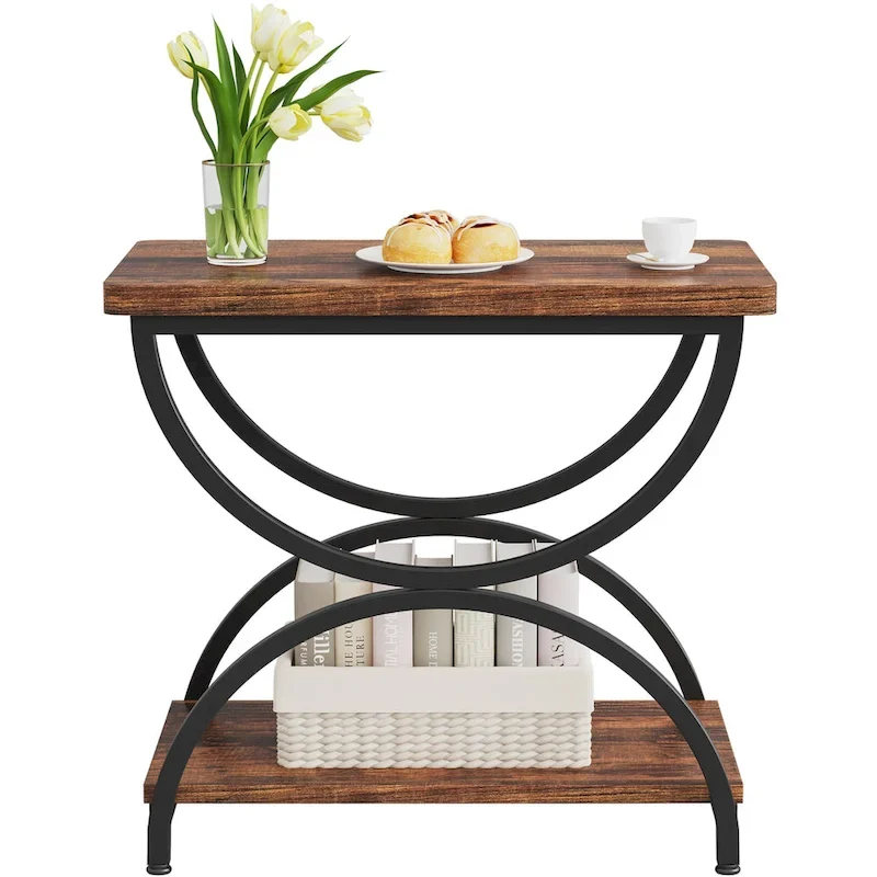 Table d'appoint rectangulaire à 2 niveaux avec cadre métallique semi-circulaire – Style industriel moderne