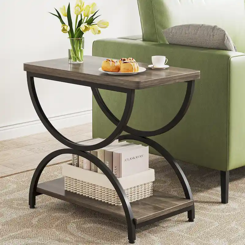 Table d'appoint rectangulaire à 2 niveaux avec cadre métallique semi-circulaire – Style industriel moderne