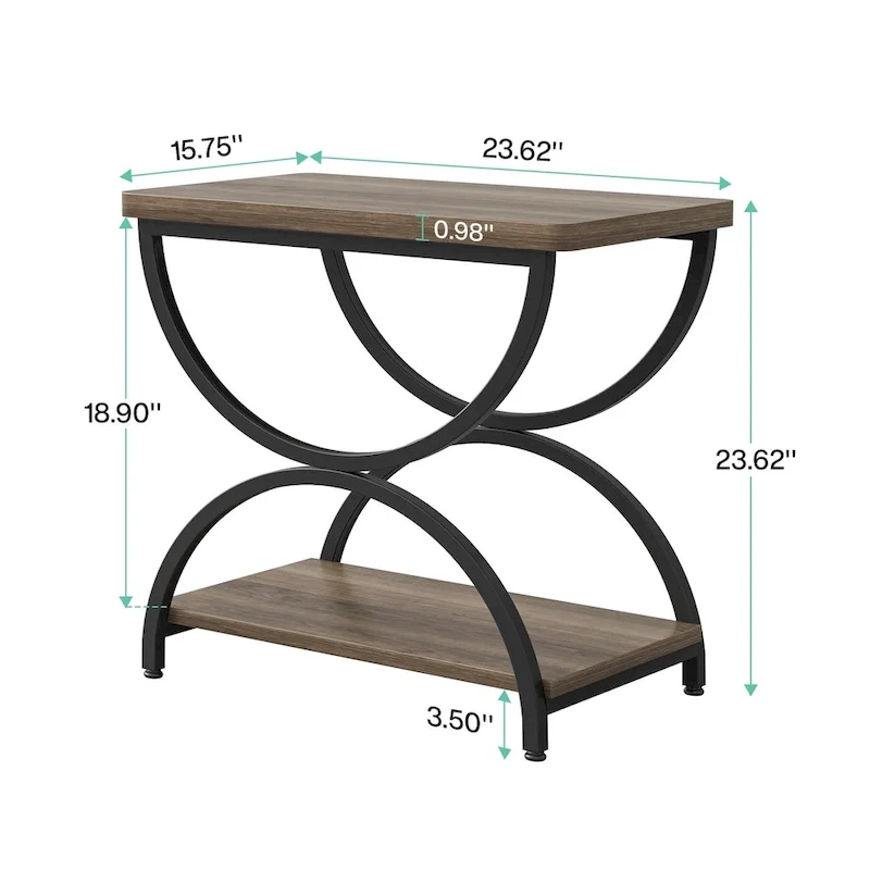 Table d'appoint rectangulaire à 2 niveaux avec cadre métallique semi-circulaire – Style industriel moderne