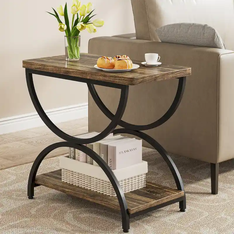 Table d'appoint rectangulaire à 2 niveaux avec cadre métallique semi-circulaire – Style industriel moderne
