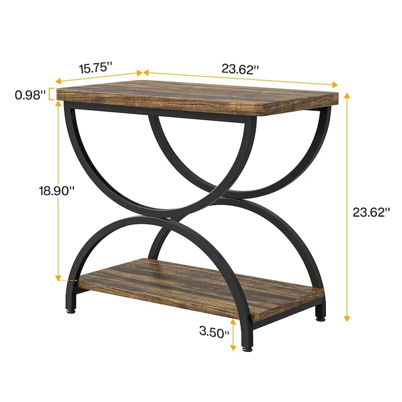 Table d'appoint rectangulaire à 2 niveaux avec cadre métallique semi-circulaire – Style industriel moderne