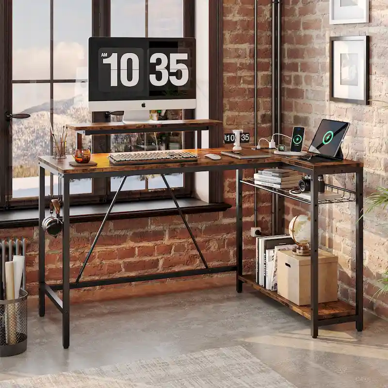 Bureau d'angle réversible LED avec prises de courant intégrées, support d'écran et grille de rangement