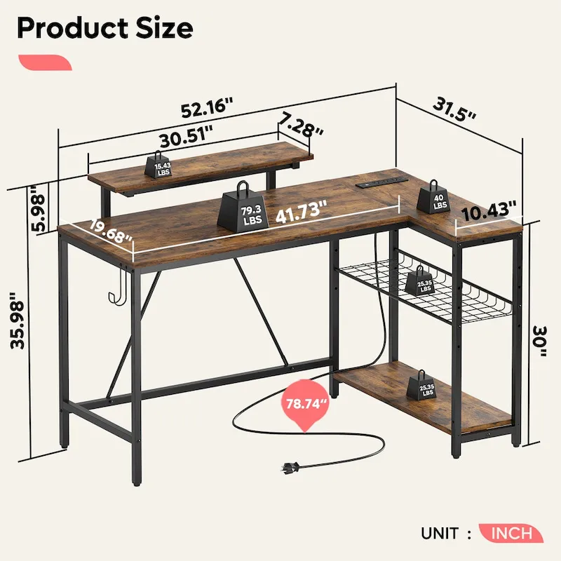 Bureau d'angle réversible LED avec prises de courant intégrées, support d'écran et grille de rangement