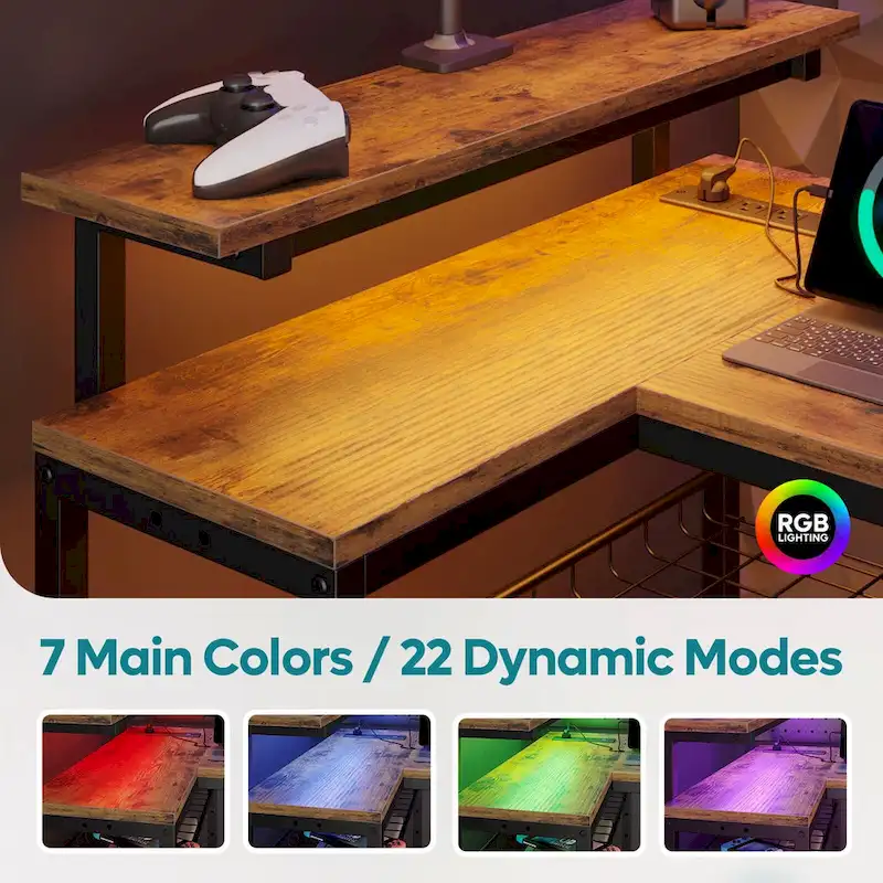Bureau d'angle réversible LED avec prises de courant intégrées, support d'écran et grille de rangement