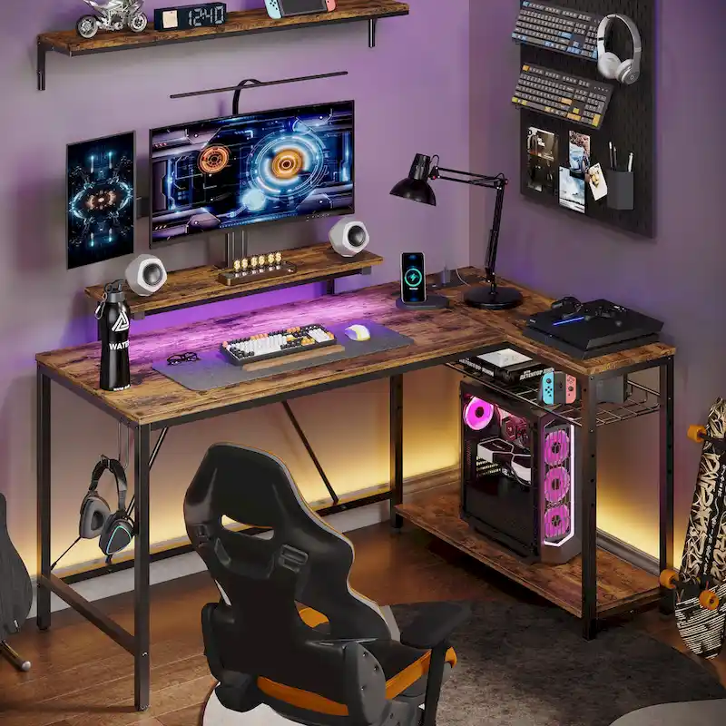 Bureau d'angle réversible LED avec prises de courant intégrées, support d'écran et grille de rangement