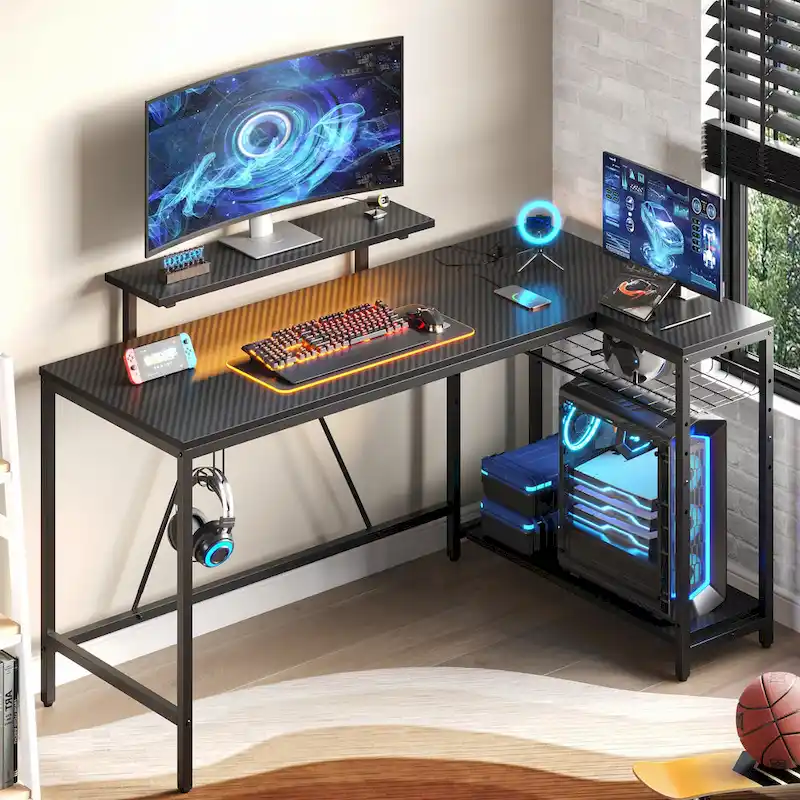 Bureau d'angle réversible LED avec prises de courant intégrées, support d'écran et grille de rangement