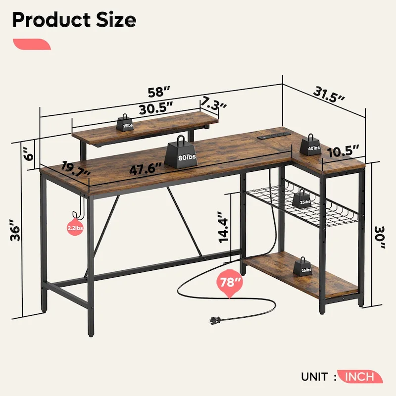 Bureau d'angle réversible LED avec prises de courant intégrées, support d'écran et grille de rangement