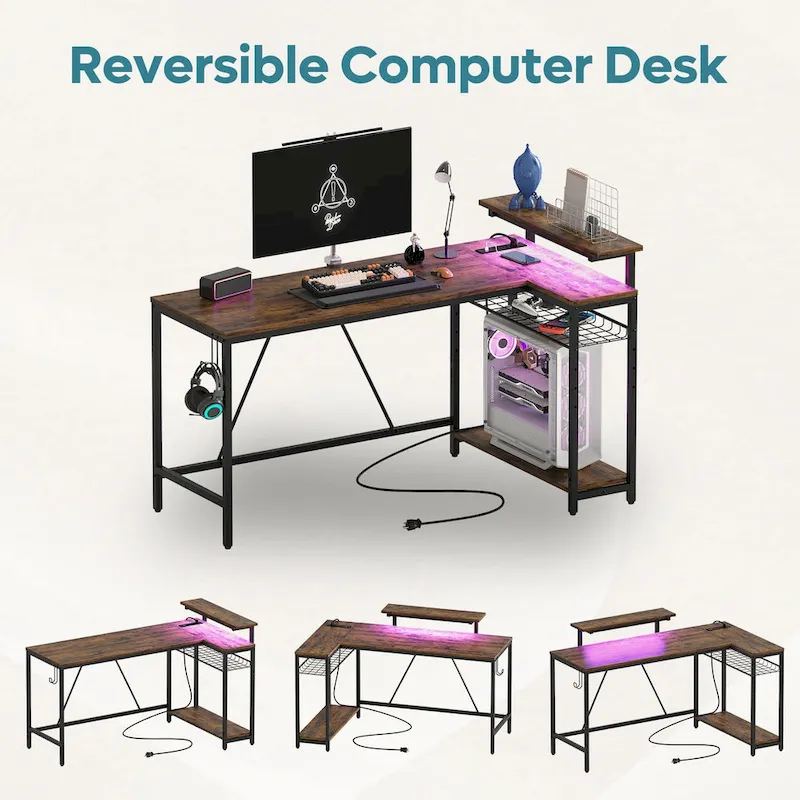 Bureau d'angle réversible LED avec prises de courant intégrées, support d'écran et grille de rangement