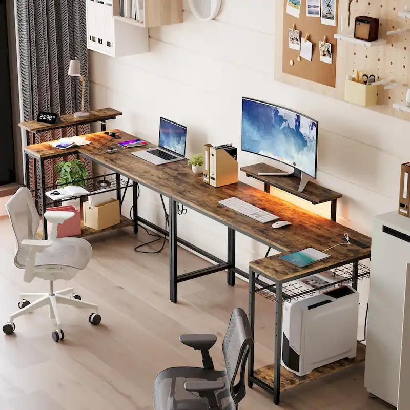 Bureau d'angle réversible LED avec prises de courant intégrées, support d'écran et grille de rangement