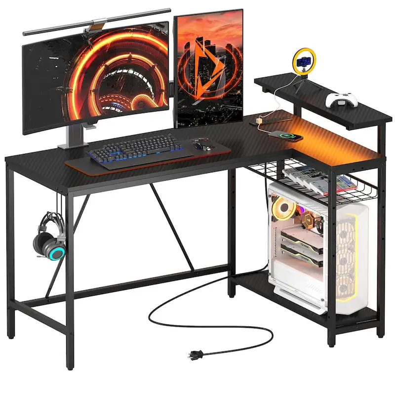 Bureau d'angle réversible LED avec prises de courant intégrées, support d'écran et grille de rangement