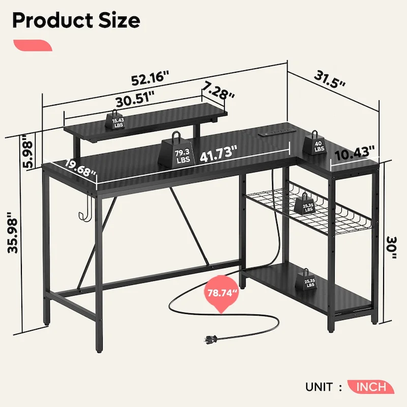 Bureau d'angle réversible LED avec prises de courant intégrées, support d'écran et grille de rangement