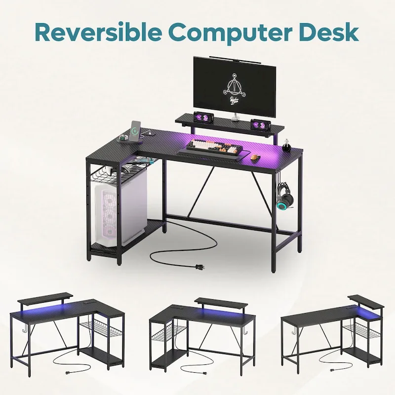 Bureau d'angle réversible LED avec prises de courant intégrées, support d'écran et grille de rangement