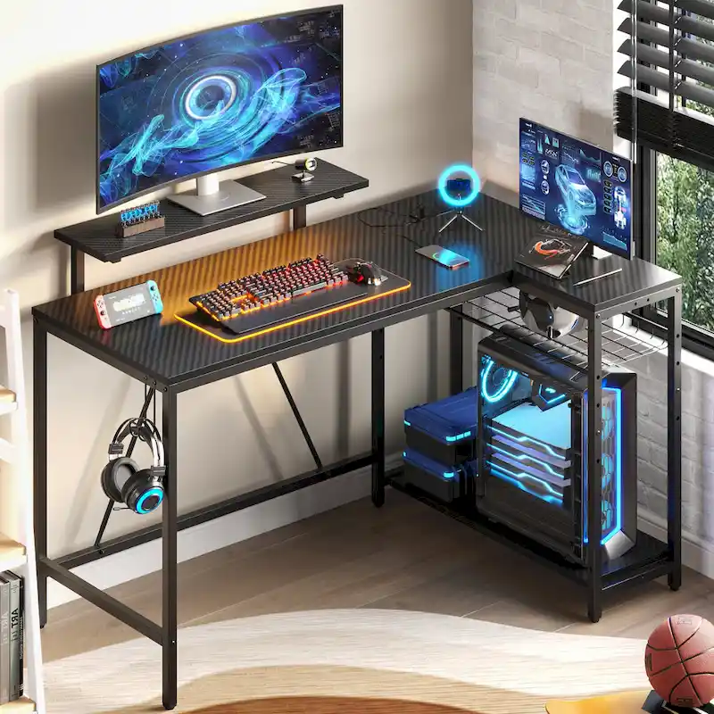 Bureau d'angle réversible LED avec prises de courant intégrées, support d'écran et grille de rangement