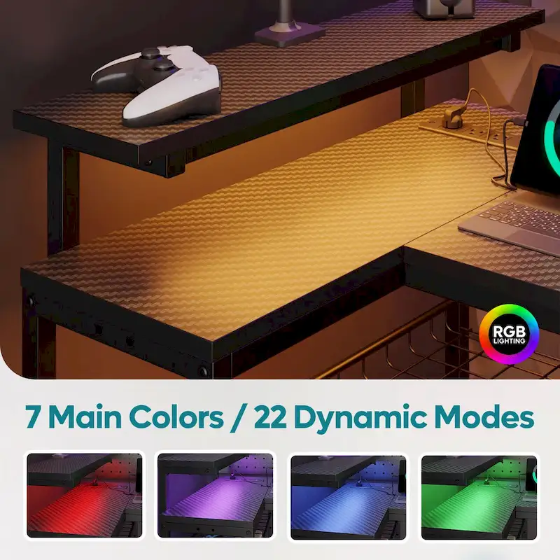Bureau d'angle réversible LED avec prises de courant intégrées, support d'écran et grille de rangement