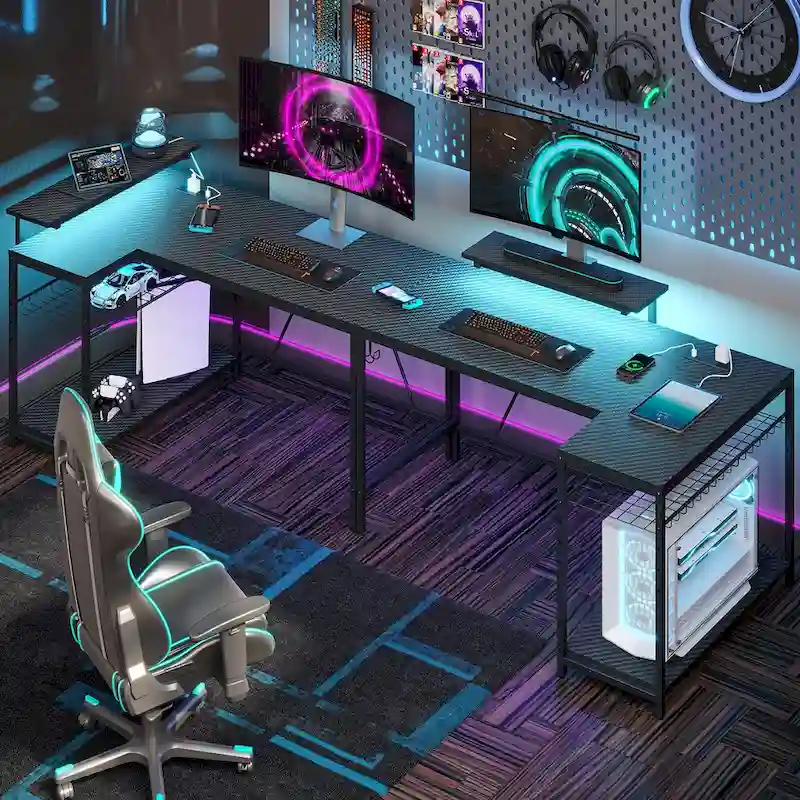 Bureau d'angle réversible LED avec prises de courant intégrées, support d'écran et grille de rangement