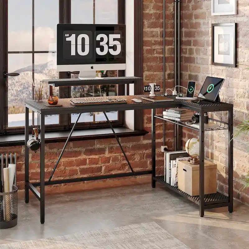 Bureau d'angle réversible LED avec prises de courant intégrées, support d'écran et grille de rangement
