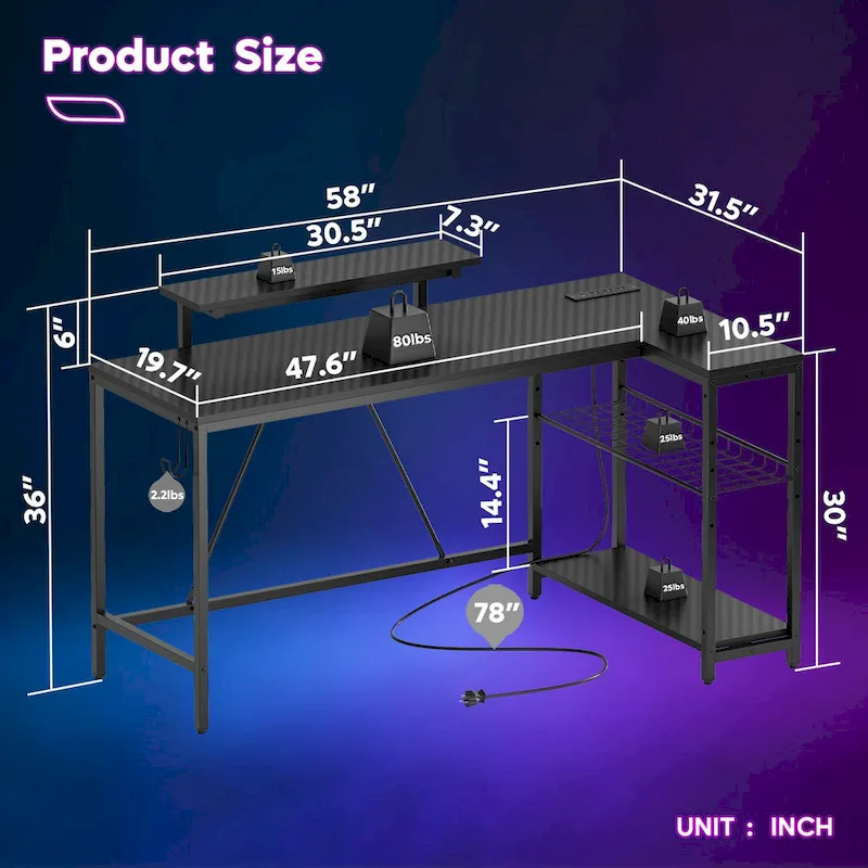Bureau d'angle réversible LED avec prises de courant intégrées, support d'écran et grille de rangement