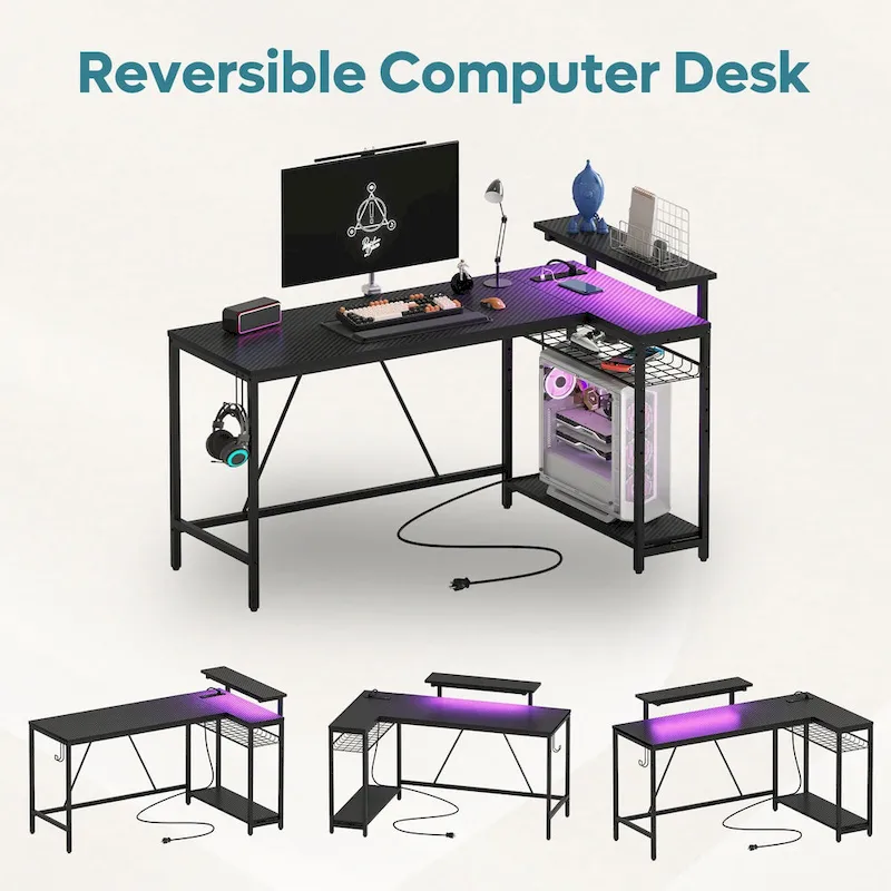 Bureau d'angle réversible LED avec prises de courant intégrées, support d'écran et grille de rangement